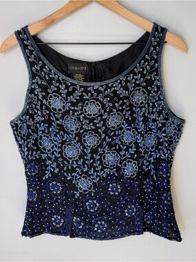 Vintage CHAUDRY Beaded Silk Navy Blue Floral Formal Tank Top Sz M